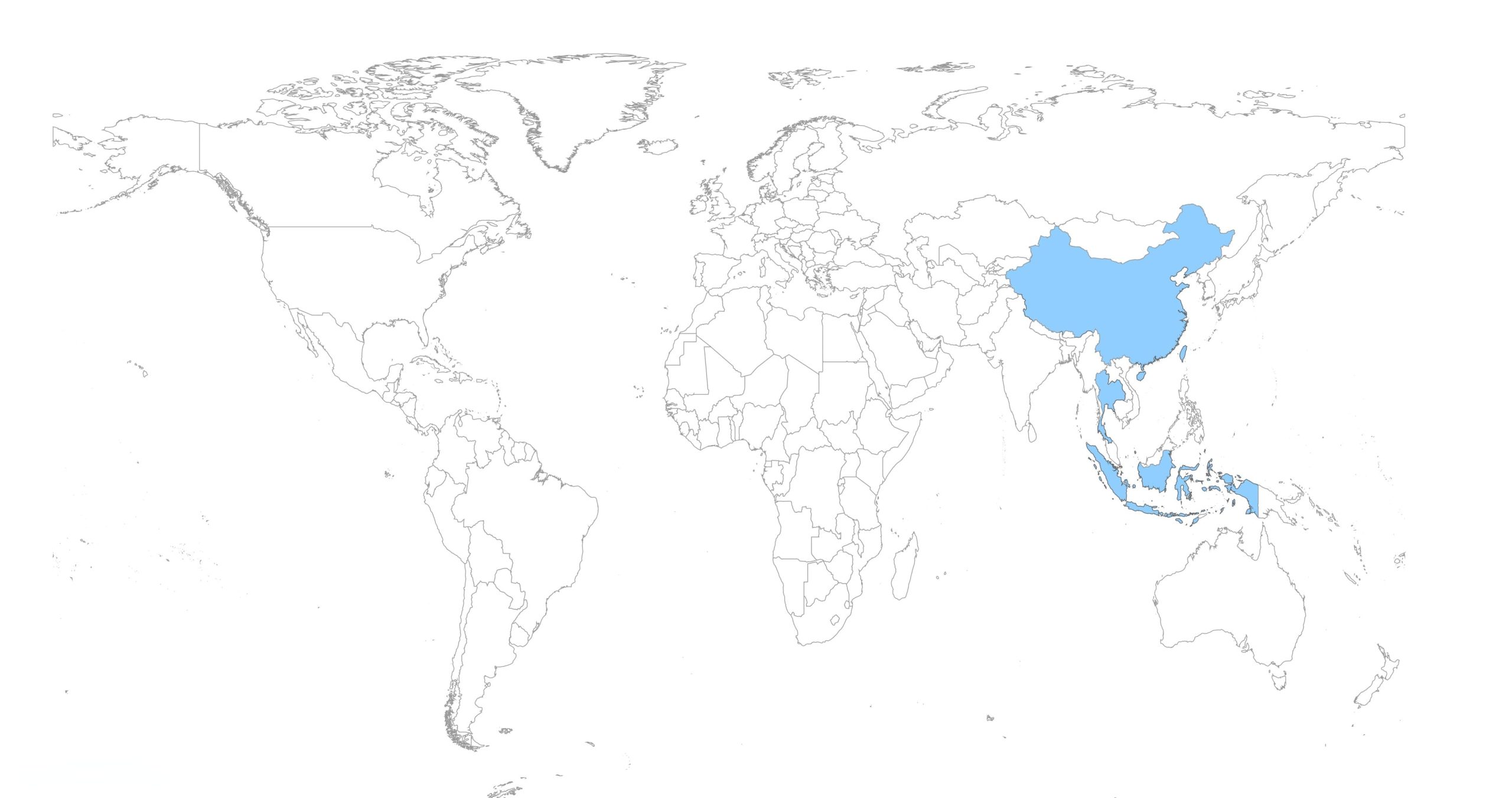 亚洲地区服务范围地图，中国、印度尼西亚、泰国等区域高亮